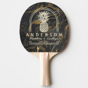 Raquette De Ping Pong Arche de mariage au ananas en marbre noir doré & n