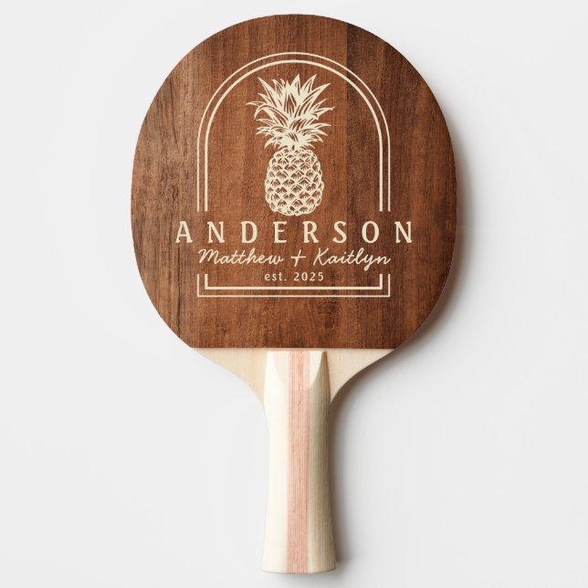 Raquette De Ping Pong Arche de mariage rustique en noyer et ananas & nom (Devant)