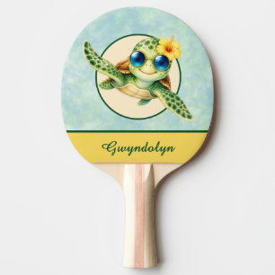 Raquette De Ping Pong Bébés tortues de mer mignonnes avec des fleurs tro