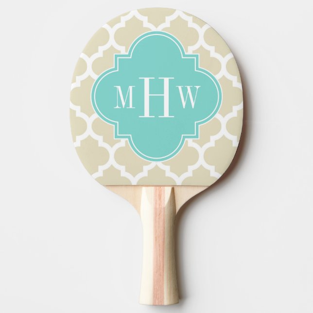 Raquette De Ping Pong Beige, Avec Marocain #5 Turquoise 3 Monogramme Ini (Devant)