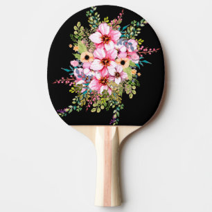 Raquette De Ping Pong Belles Fleurs Éclatent sur Fond Noir