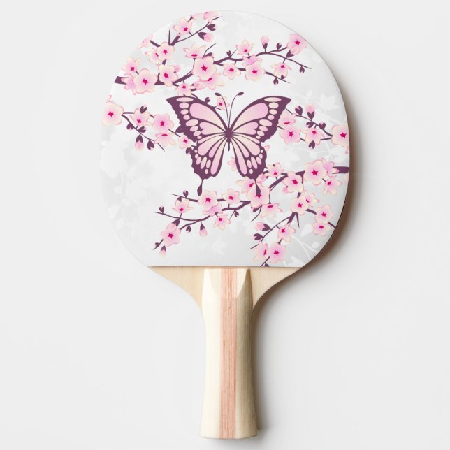 Raquette De Ping Pong Blanc rose de papillon et de fleurs de cerisier (Devant)