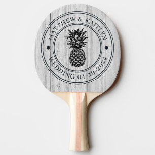 Raquette De Ping Pong Blason de mariage aux noms avec ananas en bois gri