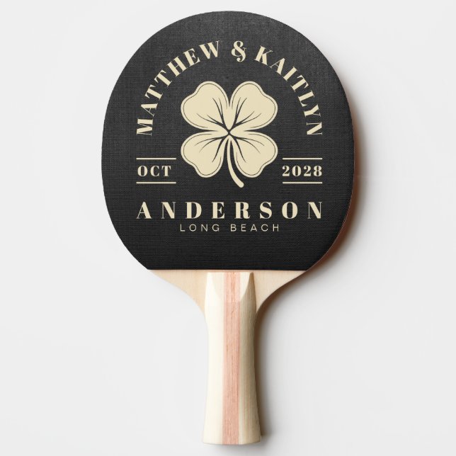 Raquette De Ping Pong Blason de mariage Trèfle irlandais sur toile noire (Dos)