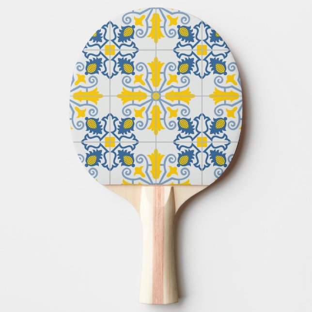 Raquette De Ping Pong Bleu et jaune joli carrelage portugais motif (Devant)