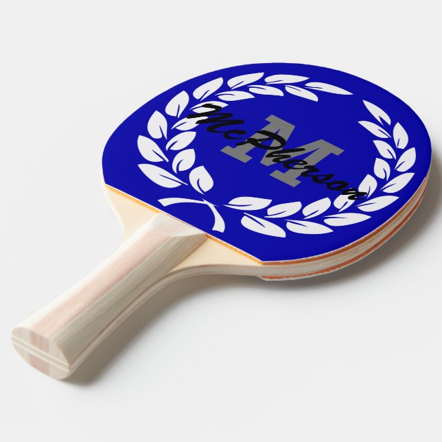 Raquette De Ping Pong Bleu royal avec couronne victorieuse et monogramme (Devant Angle)