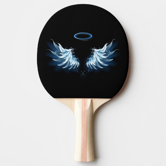 Raquette De Ping Pong Blue Glowing Angel Wings on black background (Devant)