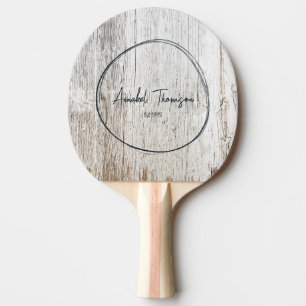 Raquette De Ping Pong Bois Blanchi à la Chaux Patiné Nom dans un Cercle 