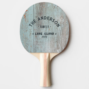 Raquette De Ping Pong Bois Bleu Peint Nom de Famille Vintage Bord de Mer