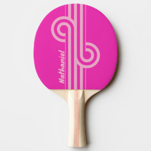 Raquette De Ping Pong Boucle à double rayure rétro ciel rose avec nom