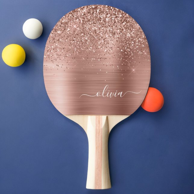 Raquette De Ping Pong Brushed metal rose Gold Pink Glitter Monogram (Créateur téléchargé)