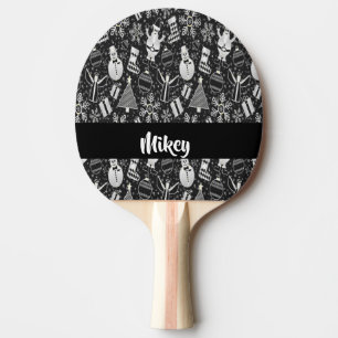 Raquette De Ping Pong Caractères de Noël noir et blanc