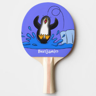 Raquette De Ping Pong Caricature de manchot joyeux sautant