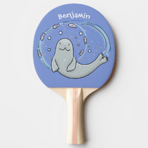 Raquette De Ping Pong Caricature joyeux de phoque et de poisson bleu