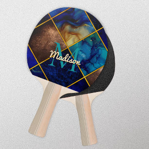 Raquette De Ping Pong Carré géométrique bleu-or à Parties scintillant bl