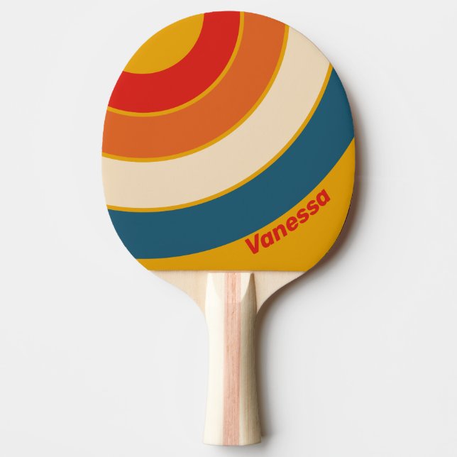 Raquette De Ping Pong Cercle rayé moutarde rétro avec nom (Devant)