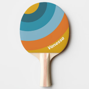 Raquette De Ping Pong Cercle Rétro Jaune avec Nom et Rayures