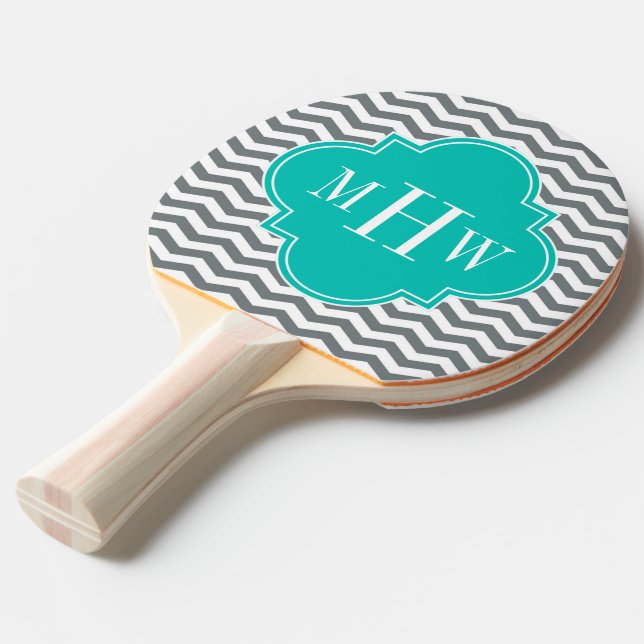 Raquette De Ping Pong Charbon fin Chevron Turquoise Quatrefoil 3 Monogra (Devant Angle)