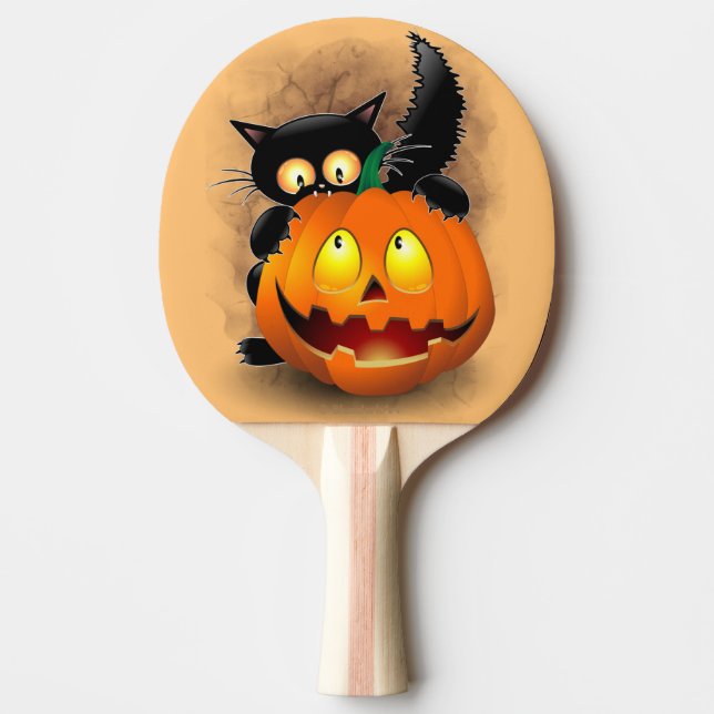 Raquette De Ping Pong Chat Fun Halloween Caractère mordant un Citrouille (Devant)