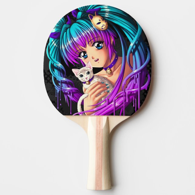 Raquette De Ping Pong Chaton et fille Manga avec tresses (Devant)
