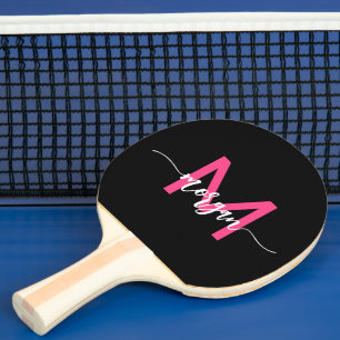Raquette De Ping Pong Chaud rose noir moderne Script Girl Monogramme Nom