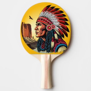 Raquette De Ping Pong Chef amérindien sur paysage sauvage coucher de sol