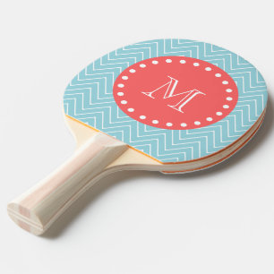 Raquette De Ping Pong Chevron bleu et corail avec Monogramme personnalis