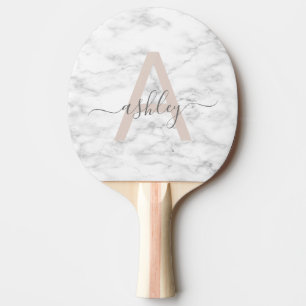 Raquette De Ping Pong Chic Blush Pink White Marble Script Nom monogram