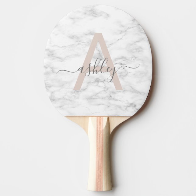 Raquette De Ping Pong Chic Blush Pink White Marble Script Nom monogram (Devant)