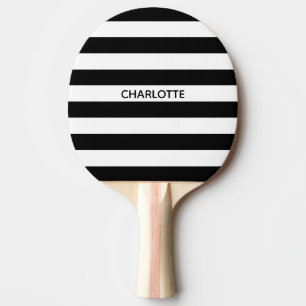 Raquette De Ping Pong Chic rayures noir et blanc nom personnalisé monog