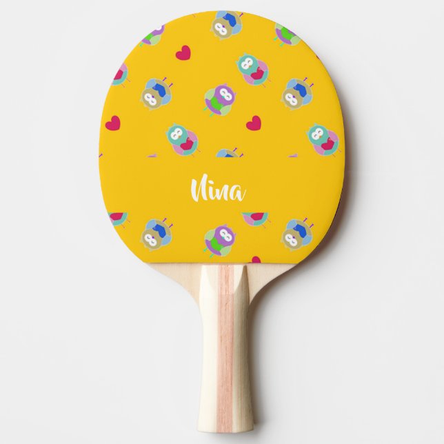 Raquette De Ping Pong Chouettes avec coeur sur orange (Devant)