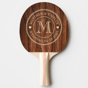 Raquette De Ping Pong Cœur de monogramme de mariage en bois de cerisier 
