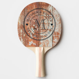 Raquette De Ping Pong Cœur de monogramme de mariage en bois de grange us