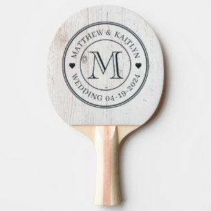 Raquette De Ping Pong Cœur de monogramme de mariage en bois peint blanc