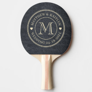 Raquette De Ping Pong Cœur de monogramme de mariage en pierre de granit 