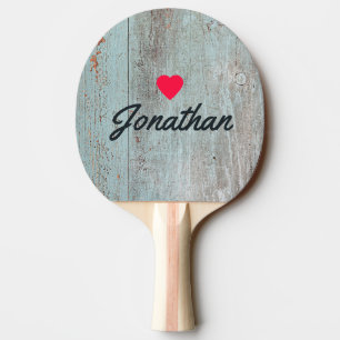 Raquette De Ping Pong Cœur vintage en bois peint bleu avec signature