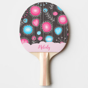 Raquette De Ping Pong Coeurs bleu rose blanc et nom floral des fleurs