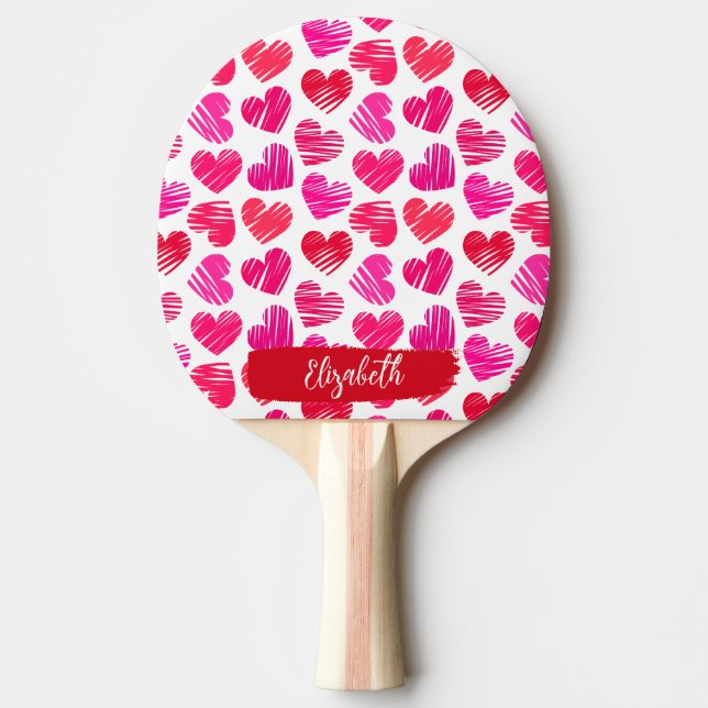 Raquette De Ping Pong Coeurs griffés rouges et roses modernes Valentine  (Devant)