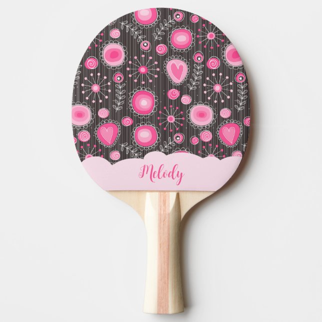 Raquette De Ping Pong Coeurs gris rose blanc et nom fleuri (Devant)