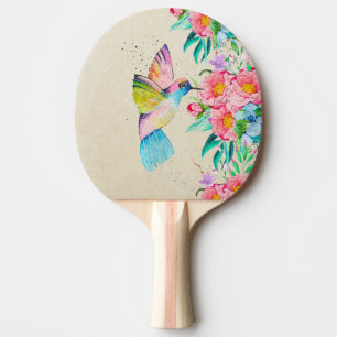 Raquette De Ping Pong Colibri et fleurs d'aquarelle