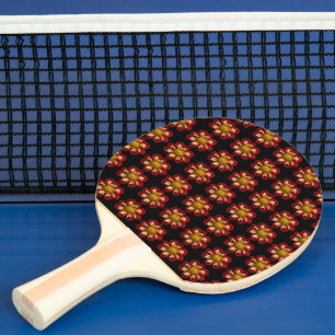 Raquette De Ping Pong Collarette rouge Dahlia motifs floraux sur noir