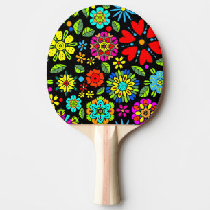 Raquette De Ping Pong Couleurs Néon Sur Motif Floral Rétro Sans Couture 