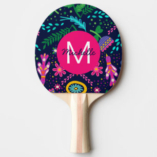 Raquette De Ping Pong Couleurs Vives Chaotiques Florales Bleu Personnali