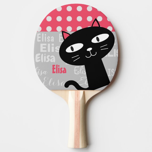 Raquette De Ping Pong Cute Chat Noir Pois Rose Ajouter Votre Nom (Devant)