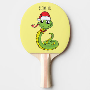 Raquette De Ping Pong Cute serpent vert avec chapeau santa dessin animé