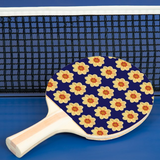 Raquette De Ping Pong Dahlia jaune motif floral sur bleu (Insitu)