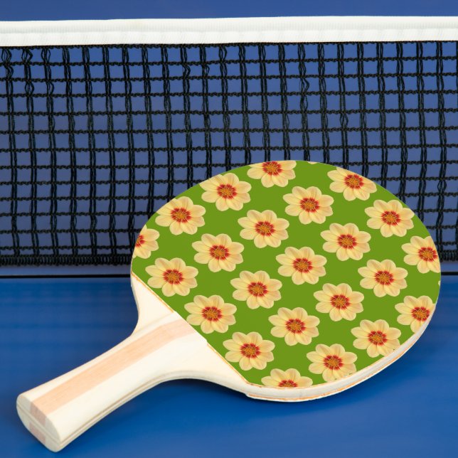 Raquette De Ping Pong Dahlia jaune motif floral sur vert (Insitu)