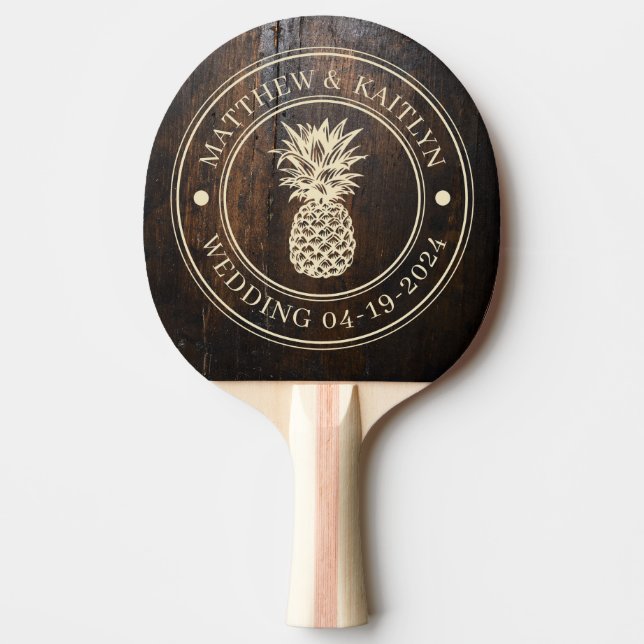 Raquette De Ping Pong Dark Chopping Block Pineapple Wedding Crest & Name (Devant)