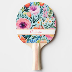 Raquette De Ping Pong design fleuri d'été coloré avec nom