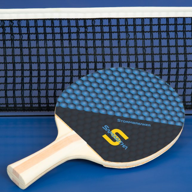 Raquette De Ping Pong Design géométrique moderne Fer bleu Nom personnali (Insitu)